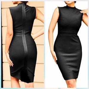 Black Bandage Pencil Dress Mock Neck